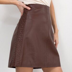 Max Mara Weekend Leather Chocolate Brown Mini Skirt Size 10 Lined Braided Sides